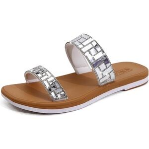 Women's Slide Sandals with Slip-on Rubber Soles Sz 9 Silver straps NWT